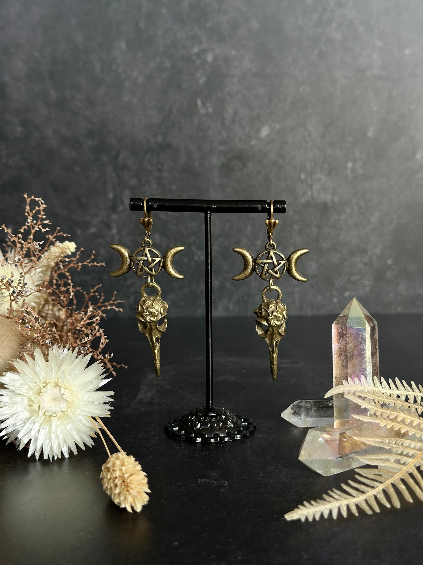 Ohrringe Bronze | Triple Moon, Pentagramm & Rabe