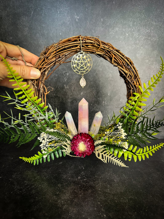 Deko Kranz | Großer Witchy Dekokranz mit Rosenquarz & Bergkristall