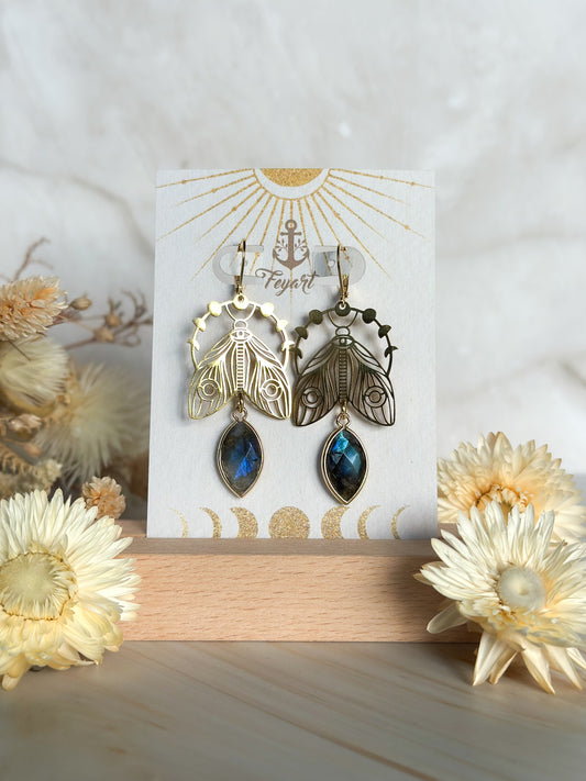 Ohrringe | Edelstahl Nachtpfauenauge Labradorit (blau)