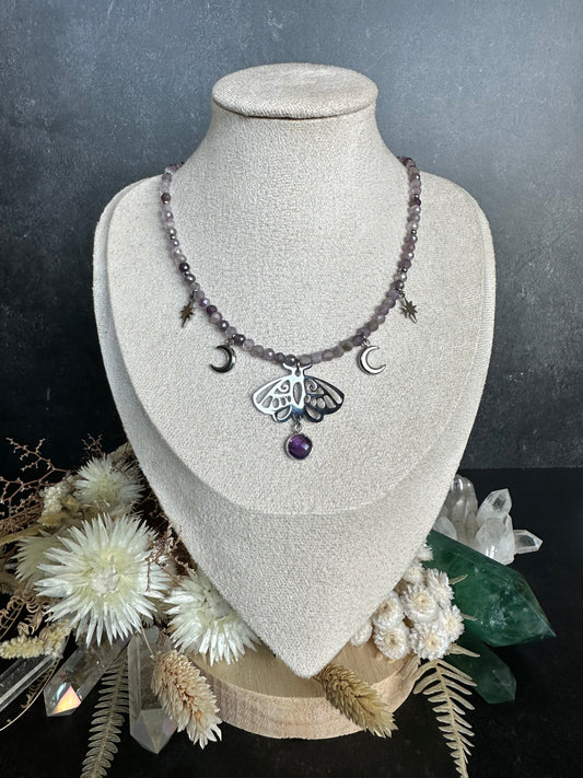 Edelstein Perlenkette Unikat | Mottenkette mit Amethyst