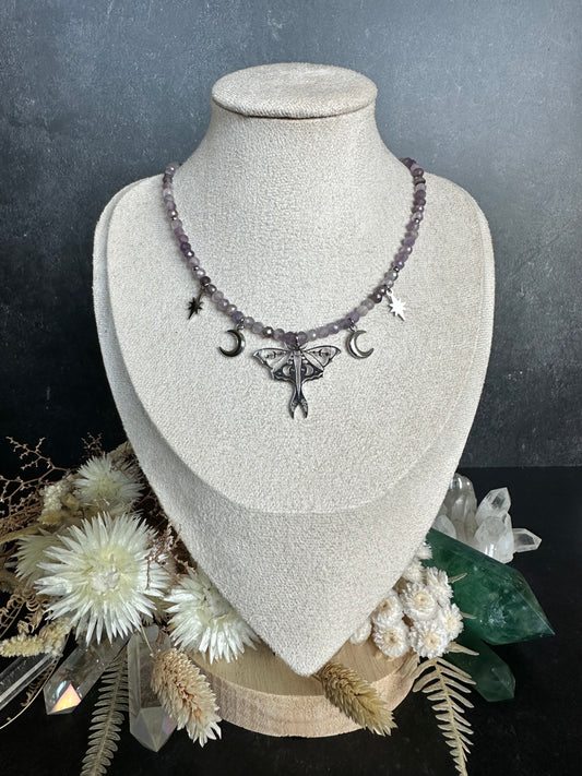 Edelstein Perlenkette Unikat | Mottenkette mit Amethyst