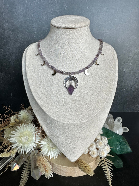 Edelstein Perlenkette Unikat | Mondkette mit Amethyst