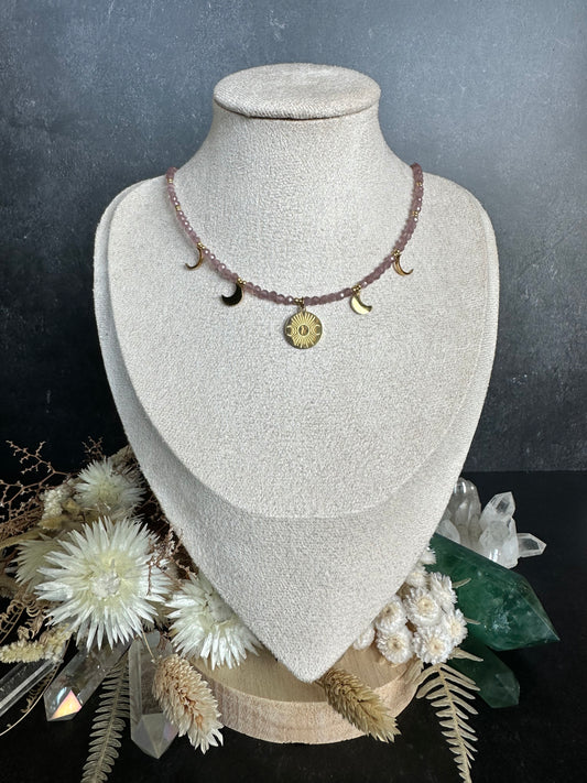 Edelstein Perlenkette Unikat | Sonne & Mond-Kette Rosé