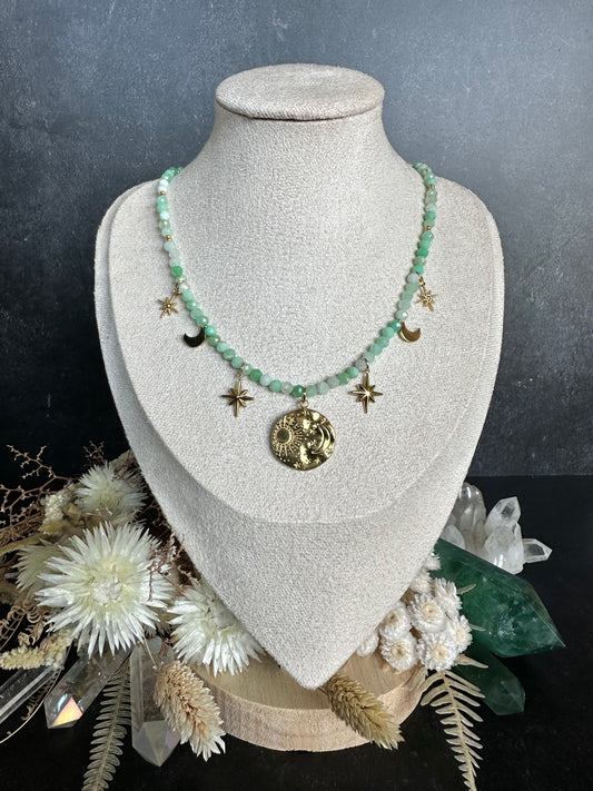 Edelstein Perlenkette Unikat | Himmelsscheibe-Kette mit Chrysopras