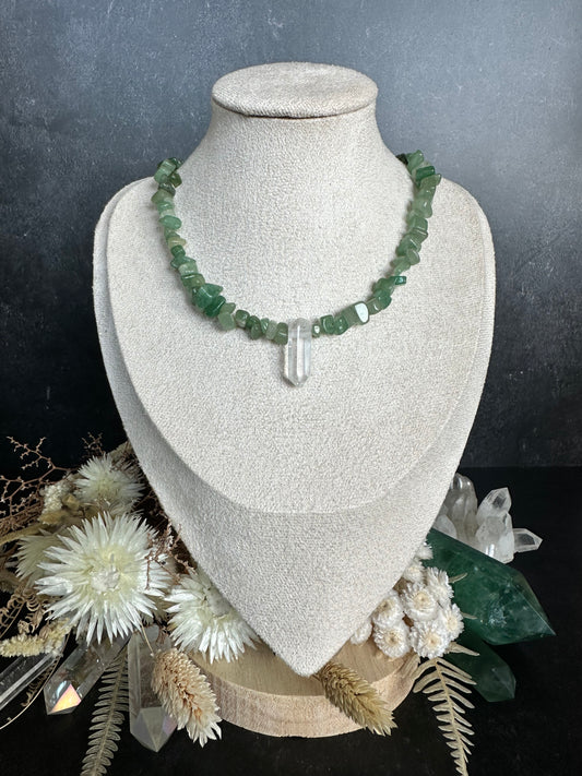 Edelstein Perlenkette Unikat | Naturstein-Kette mit Aventurin & Bergkristall
