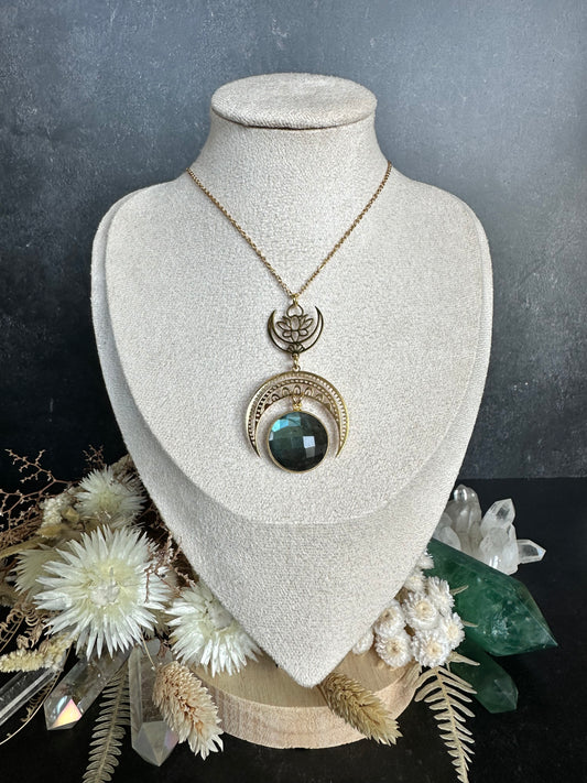 Halskette Edelstahl & Edelstein | Halbmond, Lotus & Labradorit