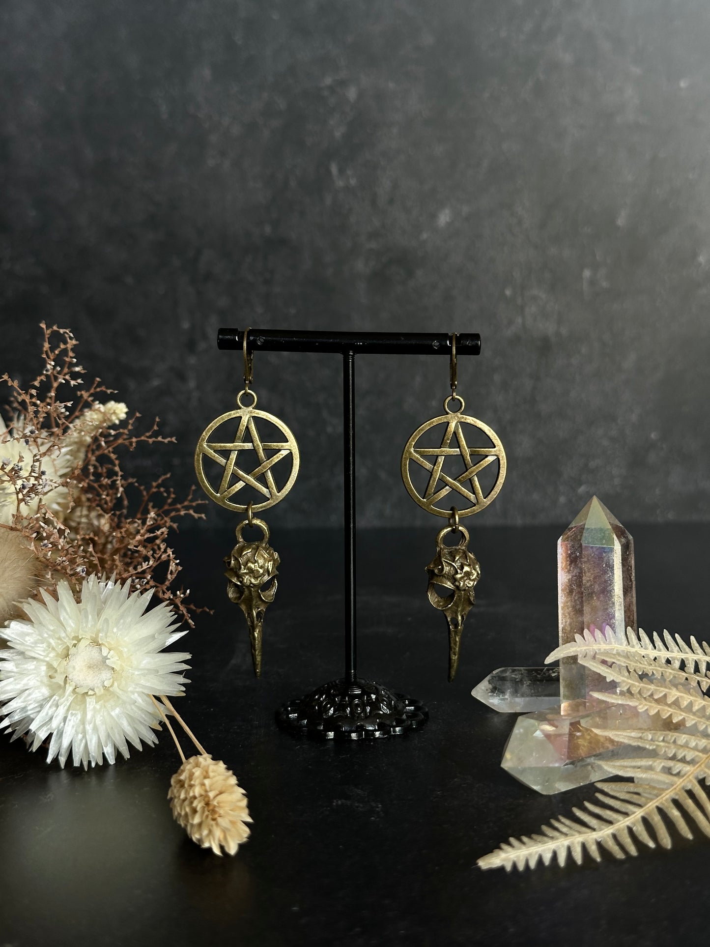 Ohrringe Bronze | Großes Pentagramm & Rabe