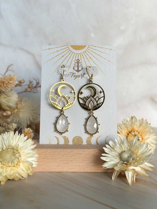 Ohrringe | Edelstahl Golden Lotus Moon mit Bergkristall